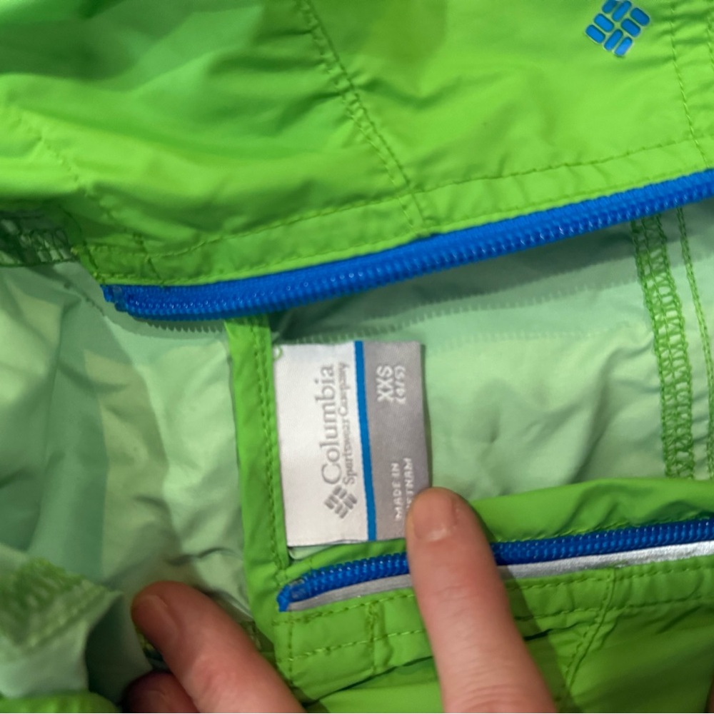 Columbia Lime Green Rain Jacket with Blue Zippers
